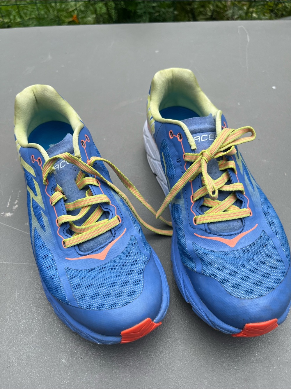 Hoka Kids Blue Running Shoes with Yellow and Coral Accents